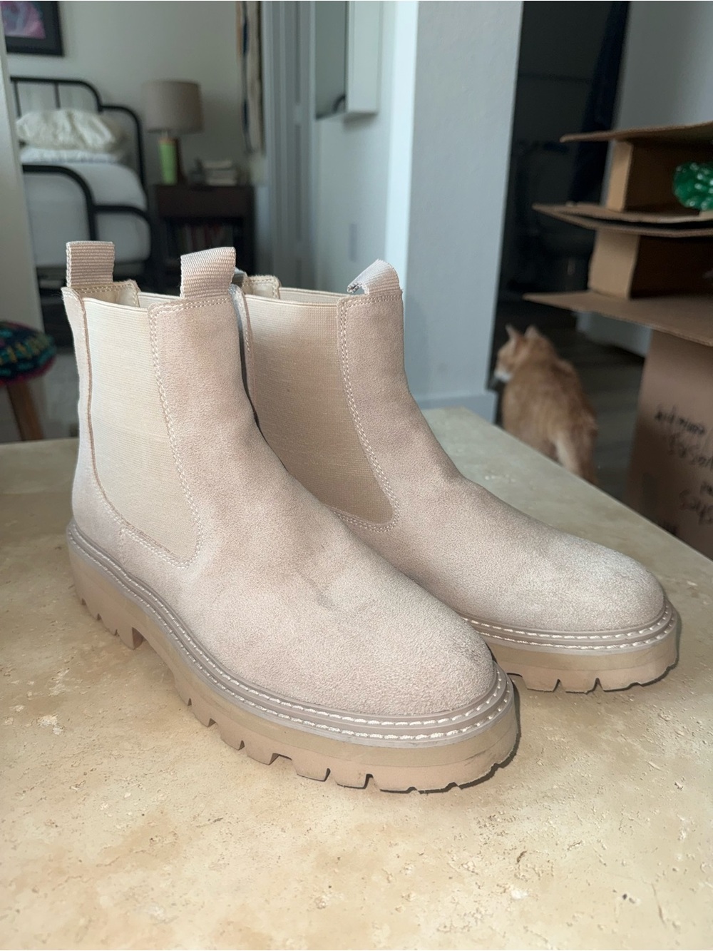 Dolce Vita Beige Suede Chelsea Lug Booties